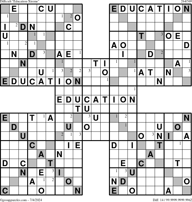 The grouppuzzles.com Difficult Education-Xtreme puzzle for Thursday July 4, 2024 with the first 3 steps marked