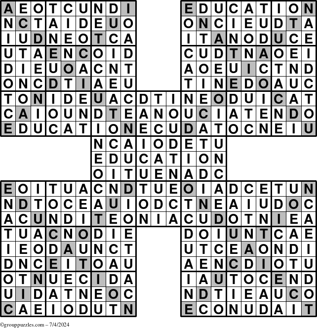 The grouppuzzles.com Answer grid for the Education-Xtreme puzzle for Thursday July 4, 2024