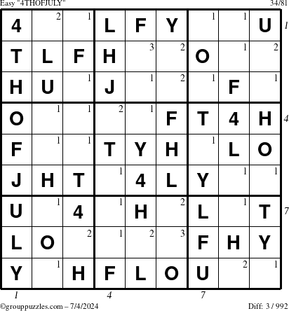 The grouppuzzles.com Easy 4THOFJULY-c1 puzzle for Thursday July 4, 2024 with all 3 steps marked