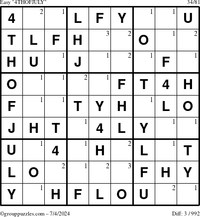 The grouppuzzles.com Easy 4THOFJULY-c1 puzzle for Thursday July 4, 2024 with the first 3 steps marked