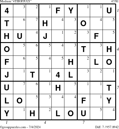 The grouppuzzles.com Medium 4THOFJULY-c1 puzzle for Thursday July 4, 2024 with all 7 steps marked