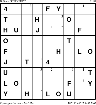 The grouppuzzles.com Difficult 4THOFJULY-c1 puzzle for Thursday July 4, 2024 with the first 3 steps marked