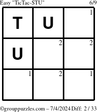 The grouppuzzles.com Easy TicTac-STU puzzle for Thursday July 4, 2024 with the first 2 steps marked