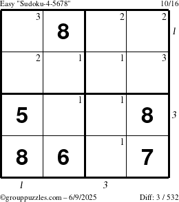 The grouppuzzles.com Easy Sudoku-4-5678 puzzle for Monday June 9, 2025, suitable for printing, with all 3 steps marked