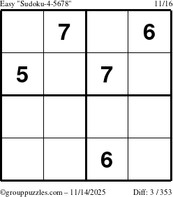 The grouppuzzles.com Easy Sudoku-4-5678 puzzle for Friday November 14, 2025