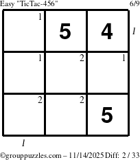 The grouppuzzles.com Easy TicTac-456 puzzle for Friday November 14, 2025 with all 2 steps marked