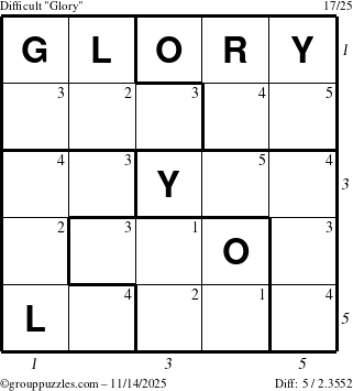 The grouppuzzles.com Difficult Glory puzzle for Friday November 14, 2025, suitable for printing, with all 5 steps marked