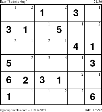 The grouppuzzles.com Easy Sudoku-6up puzzle for Friday November 14, 2025 with the first 3 steps marked