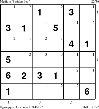 The grouppuzzles.com Medium Sudoku-6up puzzle for Friday November 14, 2025 with all 3 steps marked