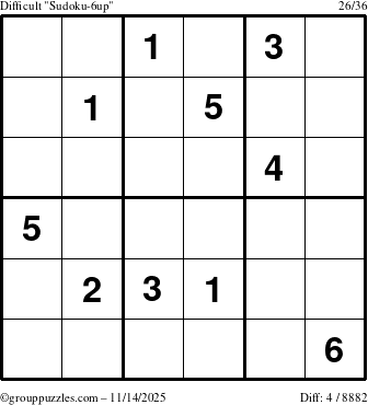 The grouppuzzles.com Difficult Sudoku-6up puzzle for Friday November 14, 2025