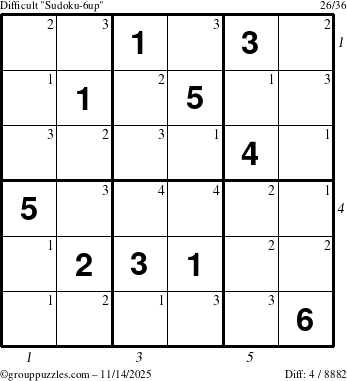 The grouppuzzles.com Difficult Sudoku-6up puzzle for Friday November 14, 2025, suitable for printing, with all 4 steps marked