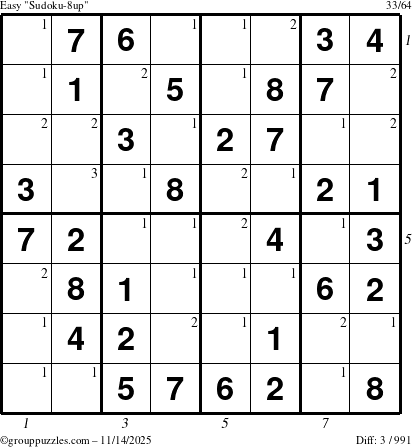 The grouppuzzles.com Easy Sudoku-8up puzzle for Friday November 14, 2025 with all 3 steps marked
