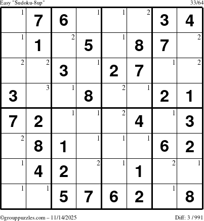 The grouppuzzles.com Easy Sudoku-8up puzzle for Friday November 14, 2025 with the first 3 steps marked