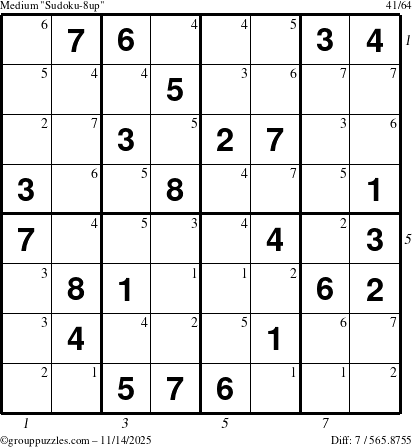 The grouppuzzles.com Medium Sudoku-8up puzzle for Friday November 14, 2025 with all 7 steps marked