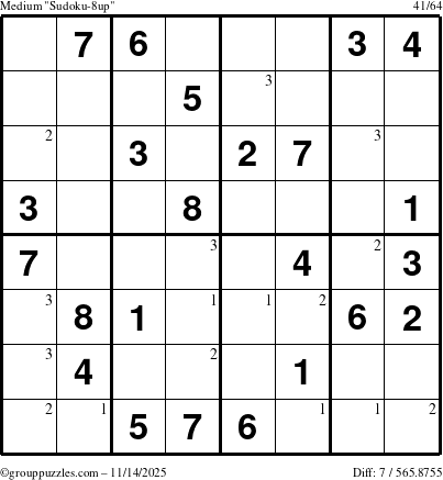 The grouppuzzles.com Medium Sudoku-8up puzzle for Friday November 14, 2025 with the first 3 steps marked