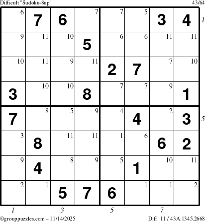 The grouppuzzles.com Difficult Sudoku-8up puzzle for Friday November 14, 2025, suitable for printing, with all 11 steps marked