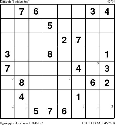 The grouppuzzles.com Difficult Sudoku-8up puzzle for Friday November 14, 2025 with the first 3 steps marked
