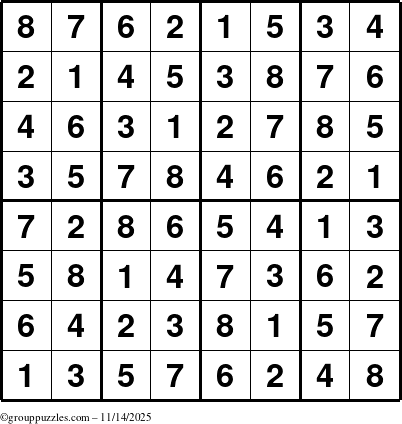 The grouppuzzles.com Answer grid for the Sudoku-8up puzzle for Friday November 14, 2025