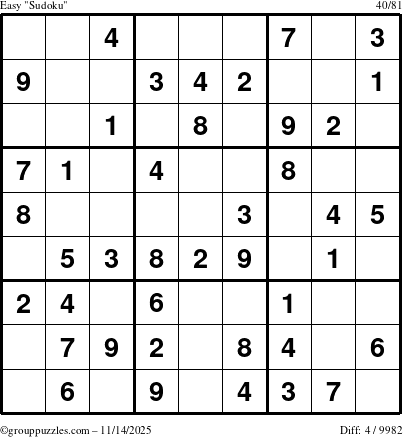 The grouppuzzles.com Easy Sudoku puzzle for Friday November 14, 2025