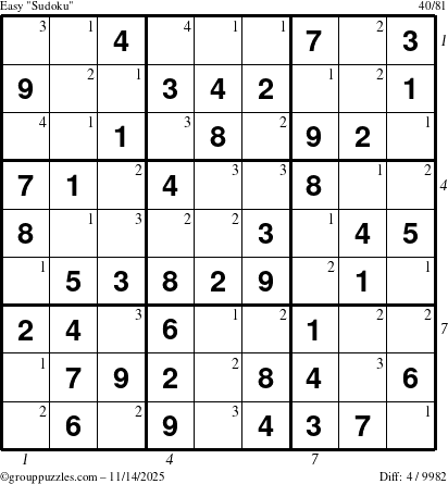 The grouppuzzles.com Easy Sudoku puzzle for Friday November 14, 2025, suitable for printing, with all 4 steps marked