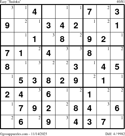 The grouppuzzles.com Easy Sudoku puzzle for Friday November 14, 2025 with the first 3 steps marked