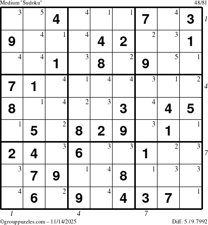 The grouppuzzles.com Medium Sudoku puzzle for Friday November 14, 2025, suitable for printing, with all 5 steps marked