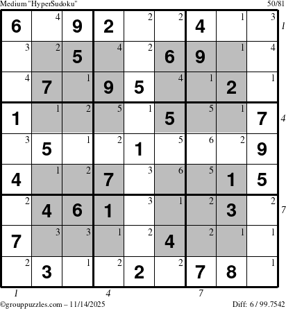 The grouppuzzles.com Medium HyperSudoku puzzle for Friday November 14, 2025, suitable for printing, with all 6 steps marked