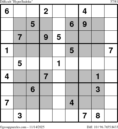 The grouppuzzles.com Difficult HyperSudoku puzzle for Friday November 14, 2025
