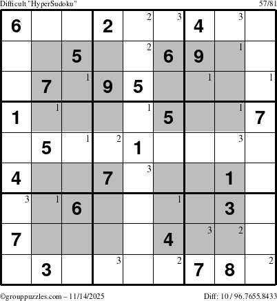 The grouppuzzles.com Difficult HyperSudoku puzzle for Friday November 14, 2025 with the first 3 steps marked