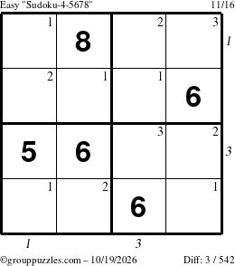 The grouppuzzles.com Easy Sudoku-4-5678 puzzle for Monday October 19, 2026, suitable for printing, with all 3 steps marked