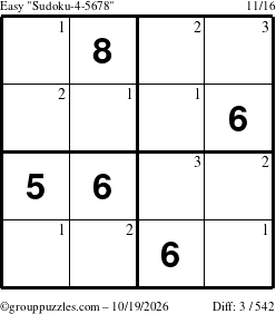 The grouppuzzles.com Easy Sudoku-4-5678 puzzle for Monday October 19, 2026 with the first 3 steps marked