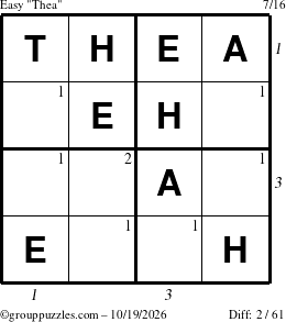 The grouppuzzles.com Easy Thea puzzle for Monday October 19, 2026 with all 2 steps marked