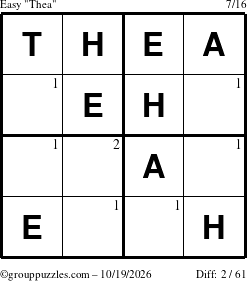 The grouppuzzles.com Easy Thea puzzle for Monday October 19, 2026 with the first 2 steps marked