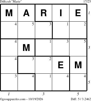 The grouppuzzles.com Difficult Marie puzzle for Monday October 19, 2026, suitable for printing, with all 5 steps marked
