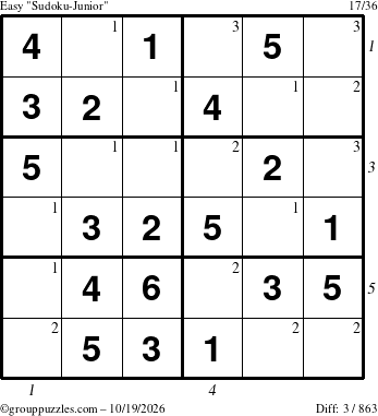 The grouppuzzles.com Easy Sudoku-Junior puzzle for Monday October 19, 2026, suitable for printing, with all 3 steps marked