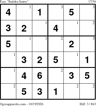 The grouppuzzles.com Easy Sudoku-Junior puzzle for Monday October 19, 2026 with the first 3 steps marked