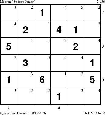 The grouppuzzles.com Medium Sudoku-Junior puzzle for Monday October 19, 2026, suitable for printing, with all 5 steps marked