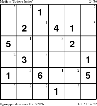 The grouppuzzles.com Medium Sudoku-Junior puzzle for Monday October 19, 2026 with the first 3 steps marked