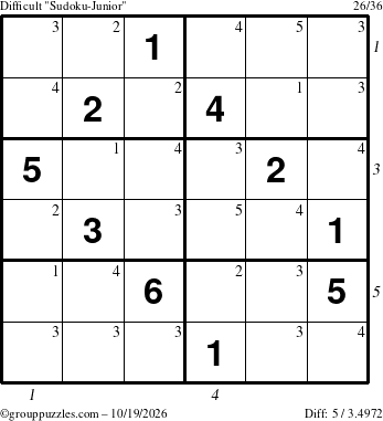 The grouppuzzles.com Difficult Sudoku-Junior puzzle for Monday October 19, 2026, suitable for printing, with all 5 steps marked