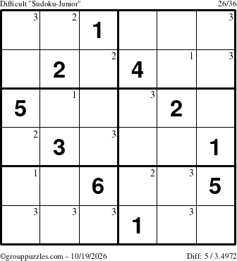 The grouppuzzles.com Difficult Sudoku-Junior puzzle for Monday October 19, 2026 with the first 3 steps marked