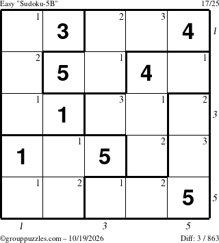 The grouppuzzles.com Easy Sudoku-5B puzzle for Monday October 19, 2026, suitable for printing, with all 3 steps marked