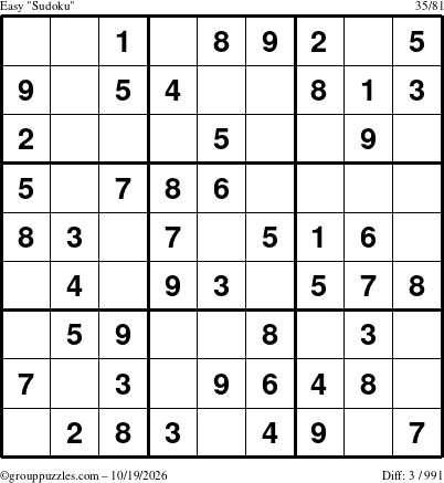The grouppuzzles.com Easy Sudoku puzzle for Monday October 19, 2026