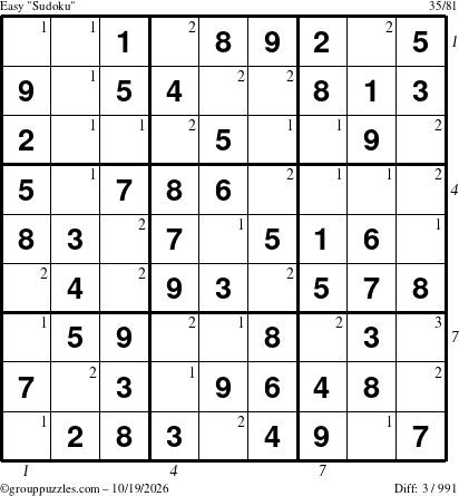 The grouppuzzles.com Easy Sudoku puzzle for Monday October 19, 2026 with all 3 steps marked