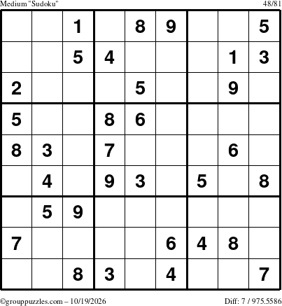 The grouppuzzles.com Medium Sudoku puzzle for Monday October 19, 2026