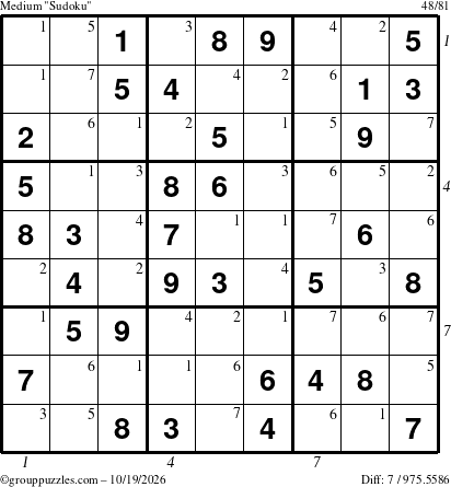 The grouppuzzles.com Medium Sudoku puzzle for Monday October 19, 2026 with all 7 steps marked