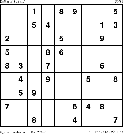 The grouppuzzles.com Difficult Sudoku puzzle for Monday October 19, 2026