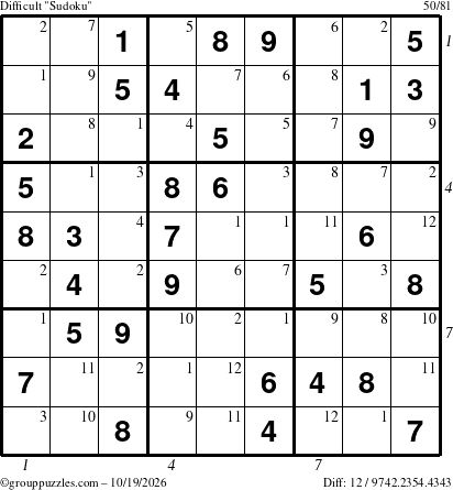 The grouppuzzles.com Difficult Sudoku puzzle for Monday October 19, 2026, suitable for printing, with all 12 steps marked