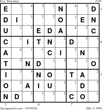The grouppuzzles.com Easy Education-c1 puzzle for Monday October 19, 2026 with all 4 steps marked