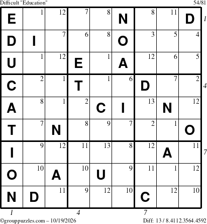 The grouppuzzles.com Difficult Education-c1 puzzle for Monday October 19, 2026, suitable for printing, with all 13 steps marked