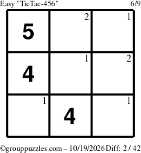 The grouppuzzles.com Easy TicTac-456 puzzle for Monday October 19, 2026 with the first 2 steps marked